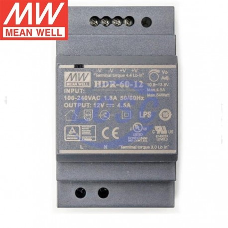 Industrial DIN Rail Switching Power Supply PSU Mean Well HDR-60-12 12VDC 5A