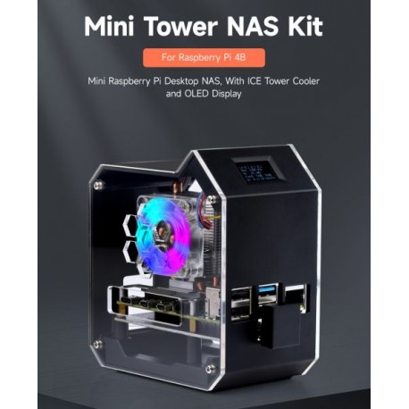 Mini Raspberry Pi Desktop NAS Support up to 2TB M.2 SATA SSD with ICE Tower Cooler and Oled Display for Raspberry Pi 4