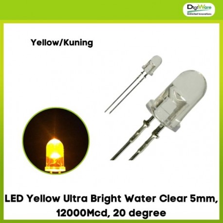 LED Yellow Ultra Bright Water Clear 5mm, 12000Mcd, 20 degree