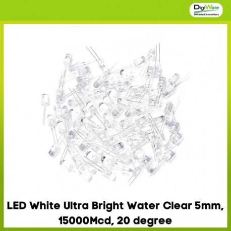 LED White Ultra Bright Water Clear 5mm, 15000Mcd, 20 degree