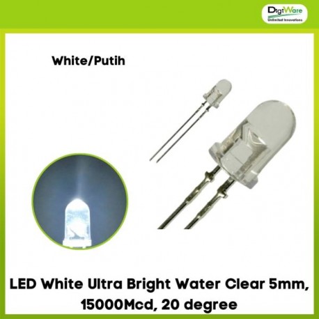 LED White Ultra Bright Water Clear 5mm, 15000Mcd, 20 degree