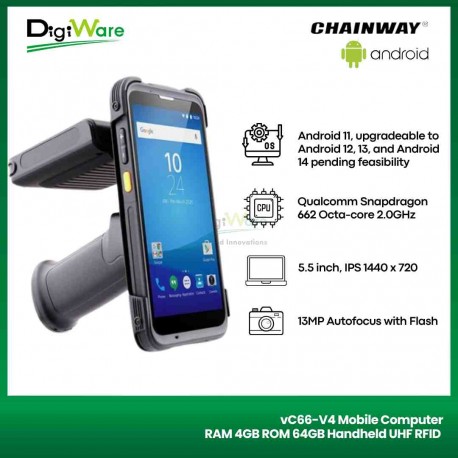 C66-V4 Mobile Computer RAM 4GB ROM 64GB Handheld UHF RFID Reader NFC 13MP Camera WiFi 5.5 inch Touch Display Android 11