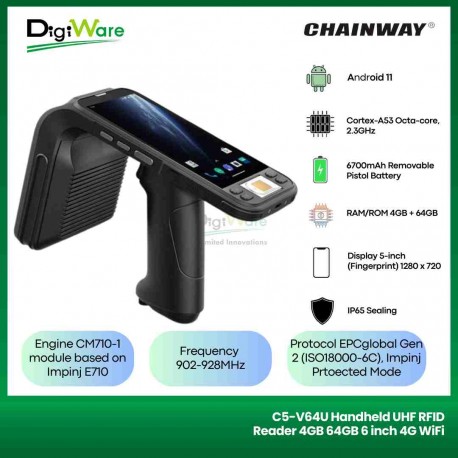 C5-V64U Handheld UHF RFID Reader 4GB 64GB 6 inch 4G WiFi BT GPS 5MP FFC 13MP RFC Camera 2D SE4710 Compass (Gyro+Geomagnetic) IP