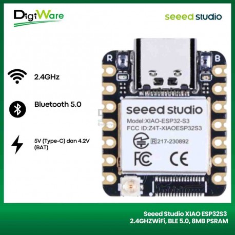 Seeed Studio XIAO ESP32S3 2.4GHz WiFi, BLE 5.0, 8MB PSRAM, 8MB FLASH, Dual-core, battery charge supported, power efficiency and