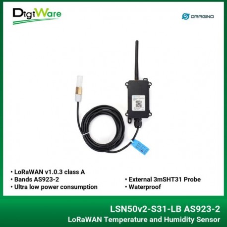 LSN50v2-S31-LB AS923-2 LoRaWAN Temperature and Humidity Sensor Waterproof with External 3m SHT31 Probe